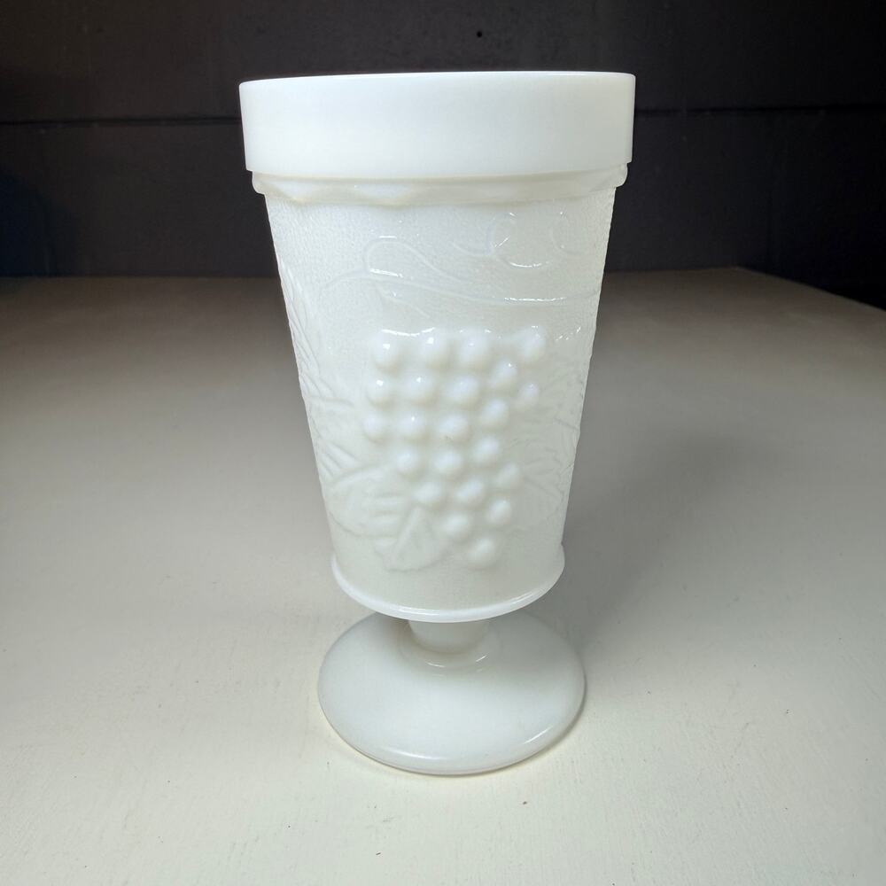 Vintage Anchor Hocking White Milk Glass Harvest Grape Footed Goblet Tumbler